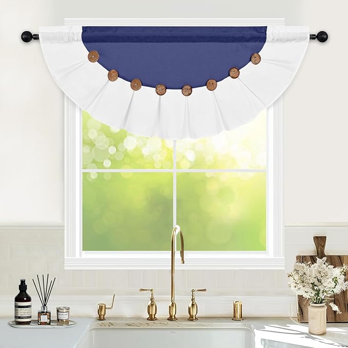 FRAMICS Farmhouse Valance Curtains, Boho Cotton Linen Kitchen Valance, Navy Blue Rustic Button Window Valances for Bathroom Bedroom, Country Rod Pocket Valances for Windows, Semicircular, 52 x 18 Inch