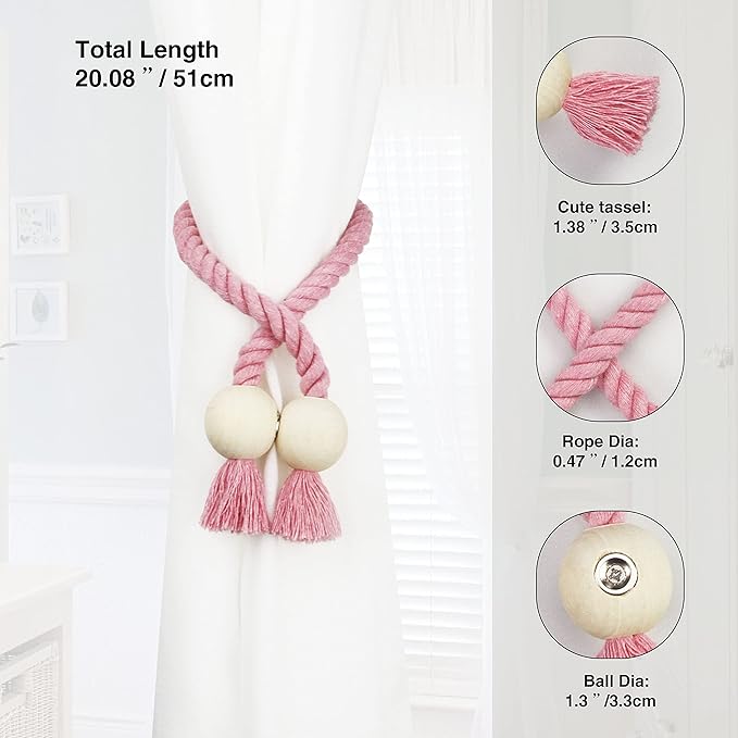 6 Pack Magnetic Curtain Tiebacks Cotton Hand Woven Tie Back Decorative Rope Holdbacks for Curtains Draperies No Tools Required, Pink