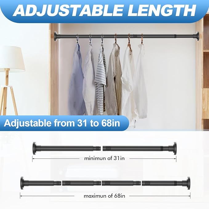 CorkLatta Black Shower Curtain Rod 31 to 68 Inch,1 Inch Diameter Adjustable Spring Tension Stainless Steel Telescoping Rod,Easy Install,No Rust