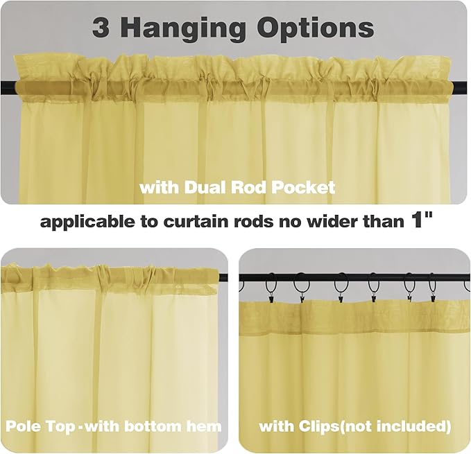 Chyhomenyc Mustard Yellow Short Sheer Curtains 24 inch Length, Light Filtering Half Window Curtians for Kitchen, Elegant Small Curtain for Basement Bathroom Cabinet, 42Wx24L inches, 2 Panels