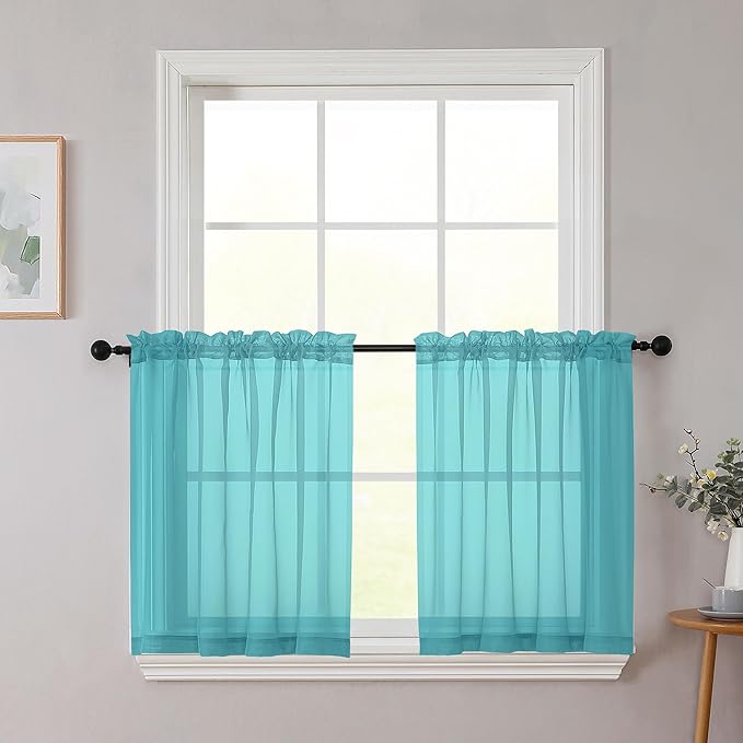 Kitchen Curtains 24 Inch Length Tier 2 Pieces, Turquoise Sheer Curtain Solid Soft Sheer Short Curtains for Windows, Cafe Bathroom Basement Rod Pocket Drapes, Each 42" Wx24 L Inches