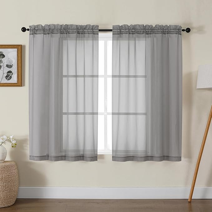 Gwine Charcoal Grey Sheer Curtains for Bedroom 54 inches Long 2 Panels, Light Filtering Voile Rod Pocket Curtains, Airy Transparent Sheer Drapes for Living Room, Each 42" Wx54 L