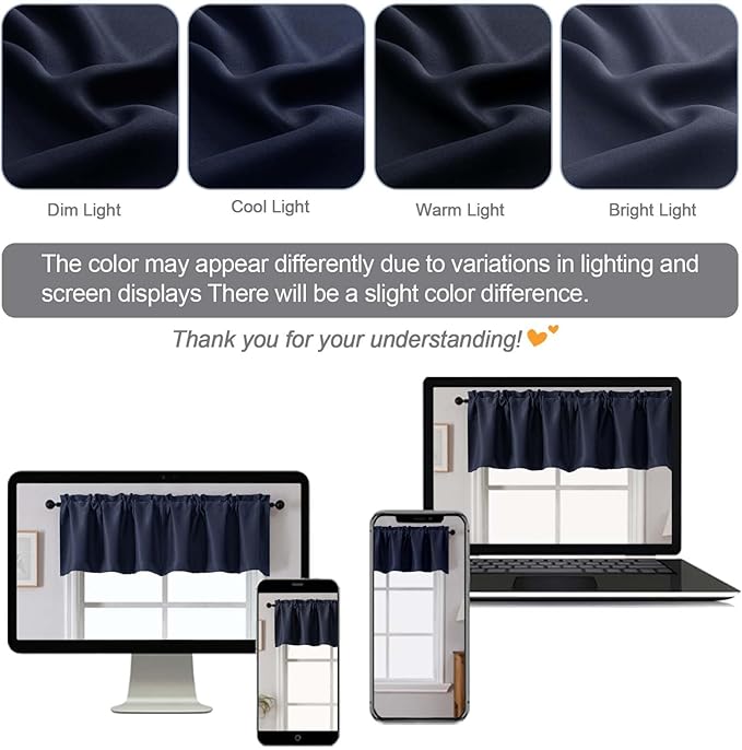 Chyhomenyc Navy Blue Valances for Window, Room Darkening Short Curtains for Kitchen Bedroom Living Room, Rod Pocket Top Small Window Treatment Valance RV Bunk Panels, 40" Wx18 L, 2 Pieces