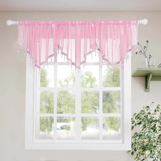 Molaxhome Swag Curtain 51 inch Length Rod Pocket Scalloped Curtain Valance Sheer Lace Panels with Hanging Crystal Beads for Kitchen Bedroom Window Treatments Drape Decor 1pc (Pink, 51Wx23L)