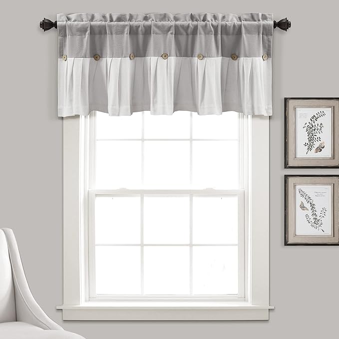 Lush Decor Linen Button Farmhouse Valance Curtians 84"W x 18"L Gray & Off White - Linen Valances For Windows - Kitchen Curtains Valances