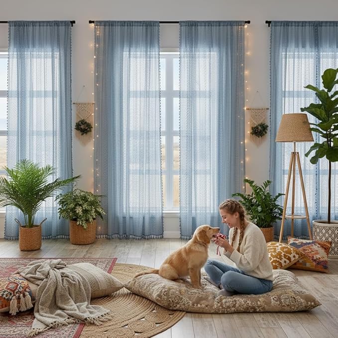 WAZZIO Boho Lace Curtains 84 Inches 2 Panel,Light Filtering Privacy Tassel & Geometry Crochet Semi Sheer Curtain Drapes for Bedroom Living Dining Room,Rod Pocket & Tassel,Light Slate Blue