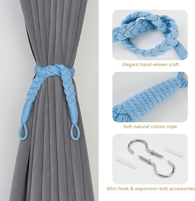 NICEEC 4 Pack Natural Cotton Rope Curtain Tiebacks Elegant Boho Style Decorative Drape Tie Backs Soft Hand-Woven Rope Curtain Holdbacks with Metal Hook for Home & Office Drapery (Light Blue)
