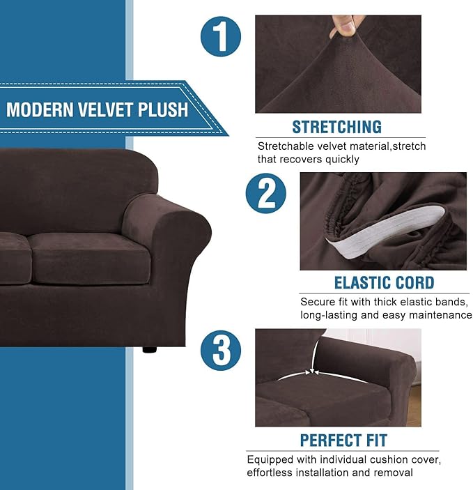 H.VERSAILTEX Modern Velvet Plush 4 Piece High Stretch Sofa Slipcover Cover Form Fit Luxury Thick Velvet Extra Large Sofa Cover for 3 Cushion Couch Width Up to 105 Inch (XL Sofa, Brown)