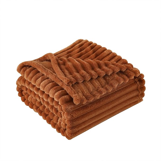 Burnt Orange Fleece Throw Blanket 50”×70” for Couch Sofa Bed,Super Soft Cozy Plush Microfiber Flannel Blanket with Stripes Design Lightweight for Adults,Woman,Girls