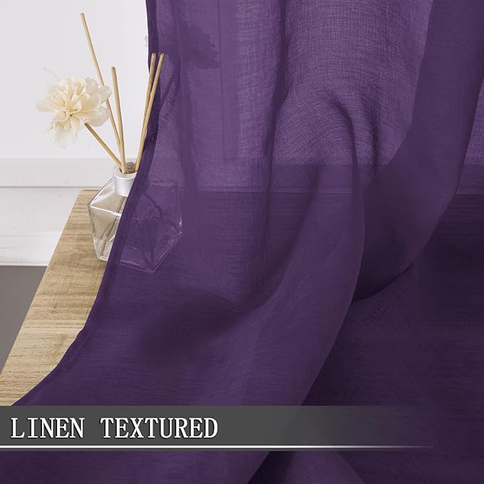 Tollpiz Sheer Tier Curtains Kitchen Linen Textured Half Curtain Sheers Light Filtering Rod Pocket Voile Bathroom Short Curtains for Farmhouse, 25 x 30 inches Long, Royal Purple, Set of 2 Panels
