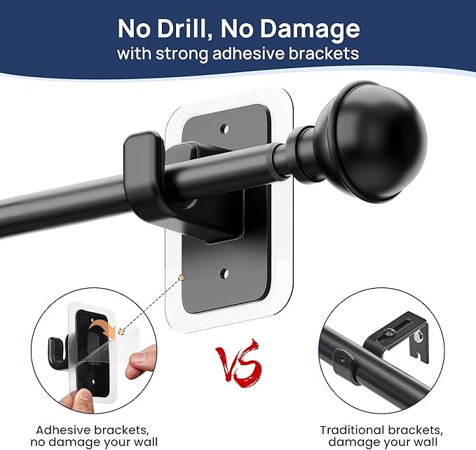 ENJOYBASICS No Drill Curtain Rods for Window 66 to 120 Inches, 5/8 Inch Diameter Renter Friendly Drapery Rod with Adhesive Brackets without Drilling, Adjustable from 27 to 130 Inches, Black