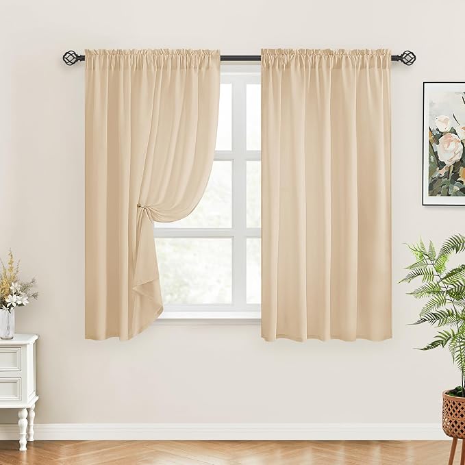 HOMEIDEAS Non-See-Through Beige Privacy Sheer Curtains, 52 X 45 Inches Long 2 Panels Taupe Sheer Curtains Light Filtering Window Drapes for Bedroom Living Room