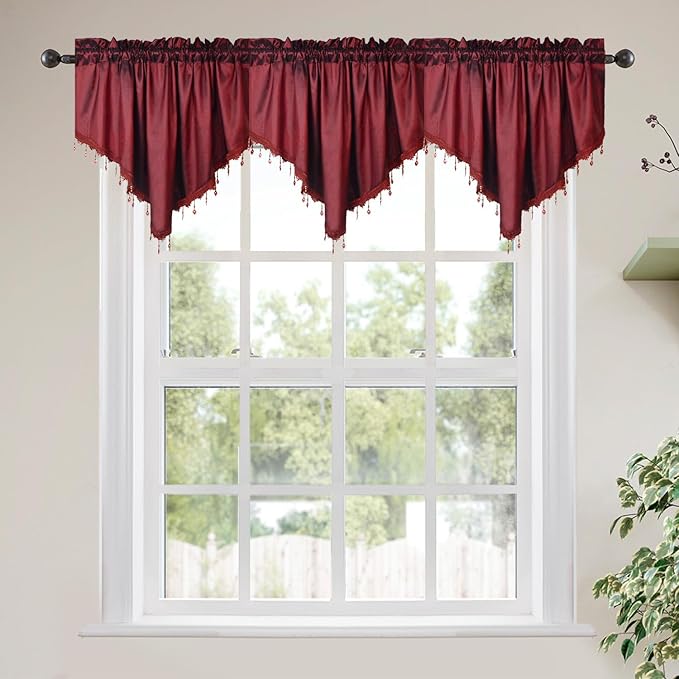 Molaxhome Swag Curtain 51 inch Length Rod Pocket Scalloped Curtain Valance Sheer Lace Panels with Hanging Crystal Beads for Kitchen Bedroom Window Treatments Drape Decor 1pc (Cloth Red, 51Wx23L)