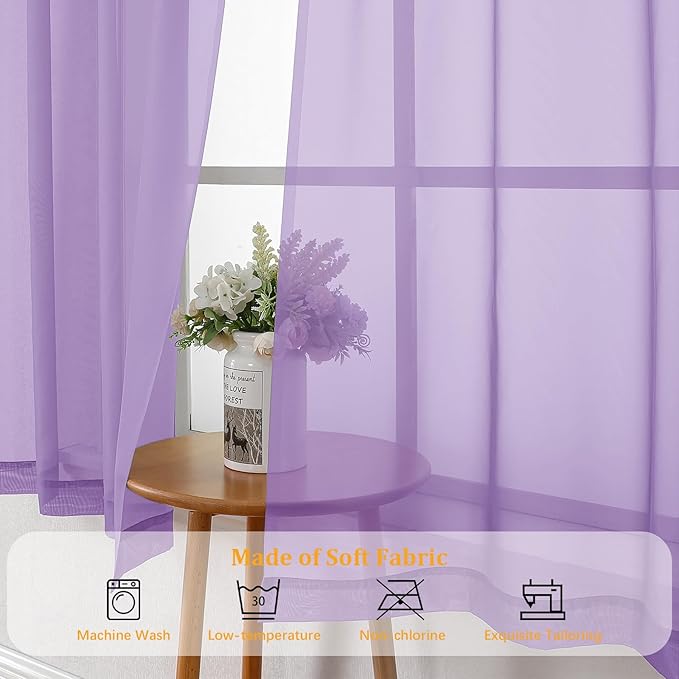 Gwine Lilac Sheer Curtains 72 Inches Long 2 Panels Set for Front Door, Light Filtering Sheer Curtains for Living Room, Rod Pocket Window Treatments Drapes, Each 42" Wx72 L