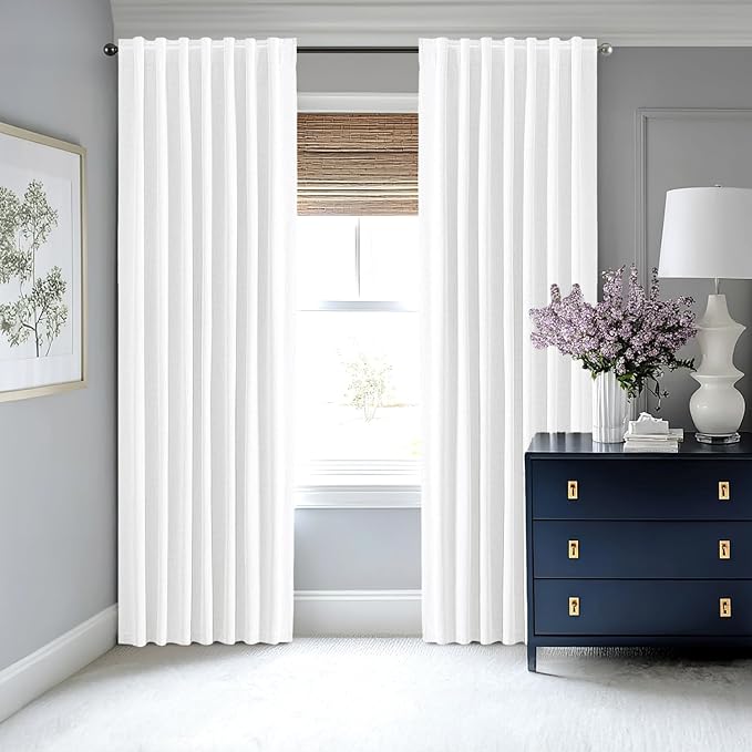 MIULEE 100% Blackout Linen Curtains for Bedroom, Bright White Solid Luxury Decor Thermal Insulation Room Darkening Drapes for Living Room Nursery Back Tab Rod Pocket 42 x 63 Inches, 2 Panels