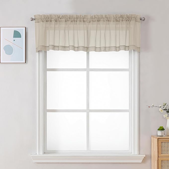 Chyhomenyc Sheer Taupe Valances for Windows 2 Pack, Small Window Curtains for Living Room Bathroom Laundry Basement, Modern Rod Pocket Voile Curtains, 42Wx14L inches