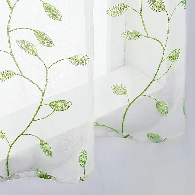MRTREES Sheer Curtain Valance Rod Pocket, 2 Panels Leaves Embroidered Christmas Valance for Windows, Living Room Small Window Curtain Toppers for Kitchen/Basement/Bathroom(Green Leaves, 54"x16")
