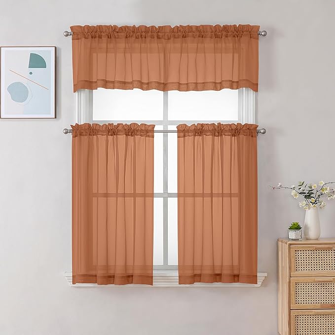 Gwine Burnt Orange Valances for Windows, Small Light Filtering Rod Pocket Cafe Valance Curtains, Soft Fall Sheer Curtain for Bathroom Laundry Basement, 42Wx14L inch, 2 Pieces