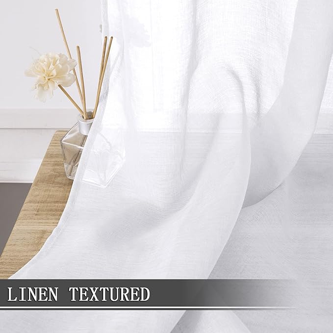 Tollpiz Short Sheer Curtains Living Room Linen Textured Curtain Sheers Light Filtering Voile Rod Pocket Curtains for Bedroom, 38 x 45 inches Long, White, Set of 2 Panels