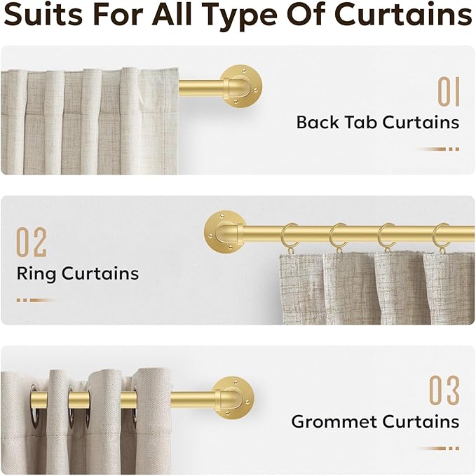 Zeerobee Curtain Rods for Windows 32 to 48, 1 Inch Industrial Wrap Around Gold Curtain Rod, Indoor/Outdoor Room Divider Adjustable Drapery Pole, 32"-48"