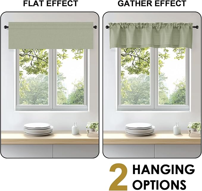 OWENIE Bob 1 PCS Light Green Valances for Windows, Faux Linen Textured Kitchen Window Curtains Valance for Bedroom Living Room, Modern Soft Airy Solid Rod Pocket Bathroom Cafe Curtain, 60Wx14L Inch