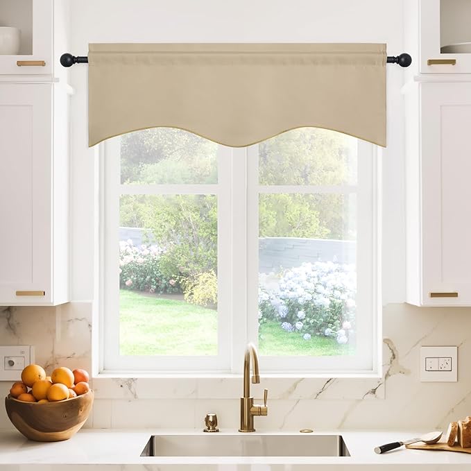 NICETOWN Farmhouse Blackout Valances for Windows, Rustic Rod Pocket Thermal Insulated Window Treatment Solid Short Curtain for Small Window Bedroom Christmas, 42 x 18 Inches 1 Pair, Biscotti Beige