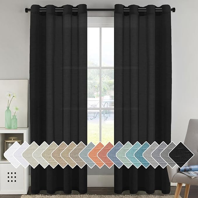 H.VERSAILTEX Linen Curtains Natural Blended Curtain Panels for Living Room/Light Reducing Linen Semi Sheer Curtains 96 inch Length 2 Panels Set Nickel Grommet Window Panels, 52" x 96", Black