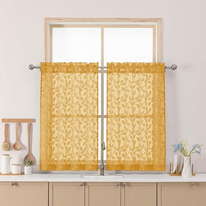 Chyhomenyc Gold Sheer Curtains 36 Inch Length, Light Filtering Leaf Tufted Textured Small Window Kitchen Curtain Over Sink, Short Half Window Curtains for Bathroom Basement, 30" Wx36 L, 2 Panels