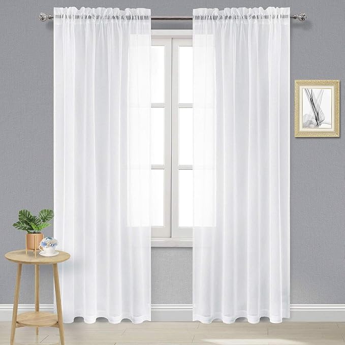 DWCN Sheer White Curtains 90 inches Long, Elegant Transparent Voile Sheer, Home Decorations Rod Pocket Gauzy Window Treatments with Light Filtering for Bedroom/Living Room, 2pcs, Each W52 x L90
