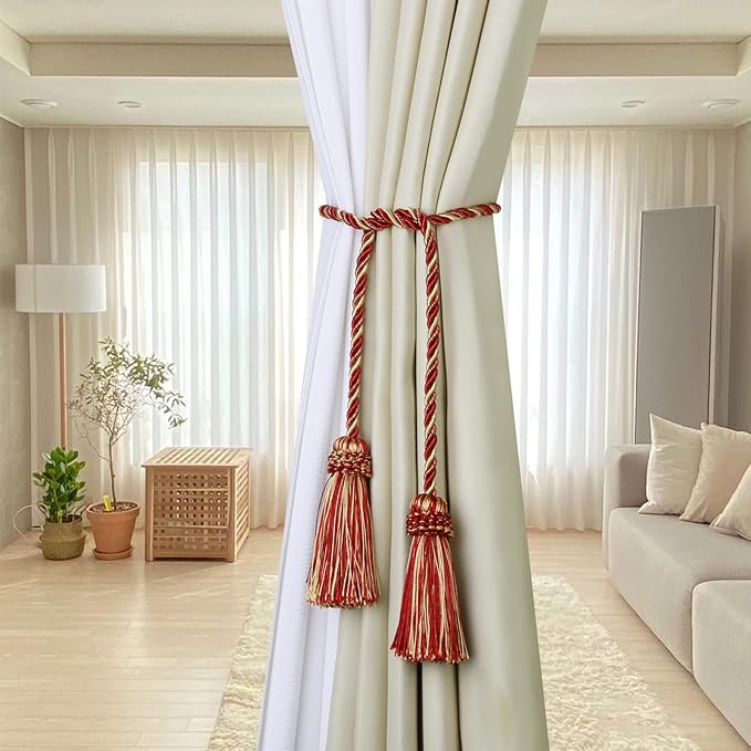 Fenghuangwu Curtain Tiebacks Handmade Decorative Curtain Holdbacks Rope with Tassel (Mix red, 4P)