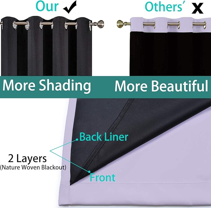 Yakamok 2 Thick Layers 100% Completely Blackout Window Curtains,Thermal Insulated Noise Reducing Drapes for Girl's Bedroom(52Wx84L, Lilac, 2 Panels)