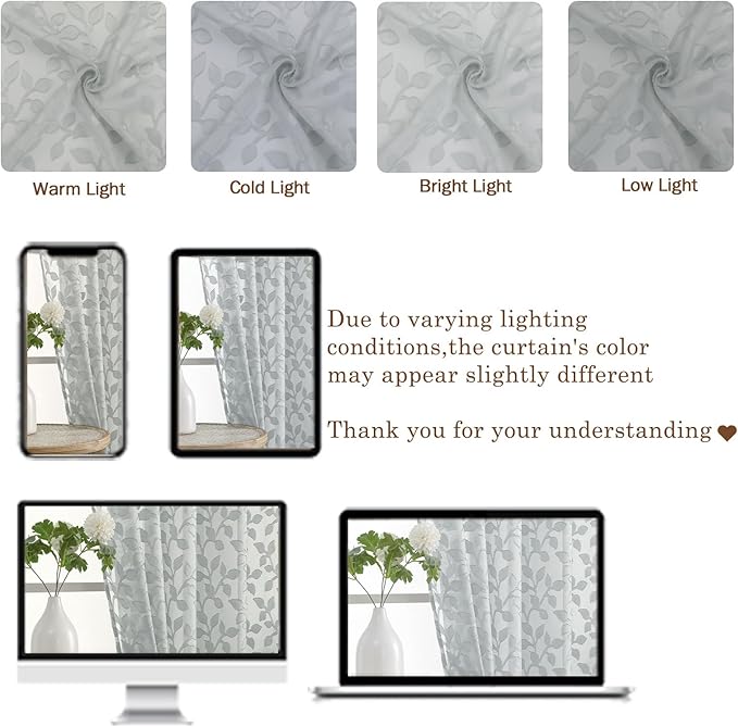Chyhomenyc Light Grey Sheer Curtains 30 Inch Length, Light Filtering Leaf Tufted Textured Small Window Kitchen Curtain Over Sink, Short Half Window Curtains for Bathroom Basement, 30"Wx30"L, 2 Panels