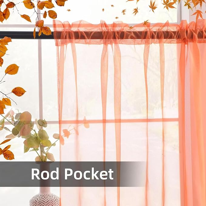 youleyar Solid Sheer Rod Pocket Curtain Voile Draperies 2 Panels White Beige Black Grey Coffee 52 Inch Width 63 Inch Long 1 Pair for Kitchen Bedroom Children Living Room Yard (Orange Red,52Wｘ63L)