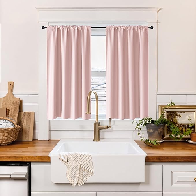RYB HOME 100% Blackout Short Curtains for Small Window, Thermal Insulated Total Room Darkening Noise Reducing Curtains for Kitchen Bathroom Basement, 42 inches Wide by 48 inches Long, Baby Pink
