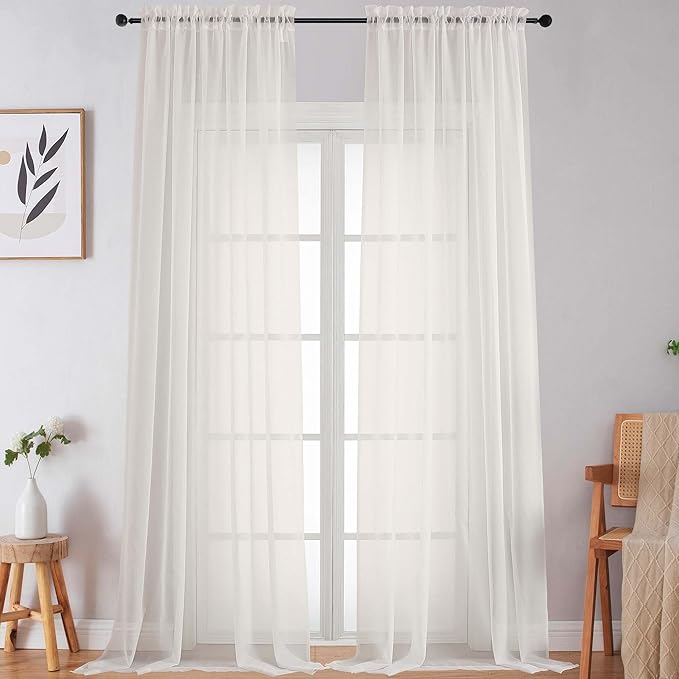Extra Long Sheer Ivory Curtains for Bedroom Living Room 108 Inches Long 2 Panels Set, Solid Soft Light Filtering Rod Pocket Sheer Window Curtains, Ivory, Each 59" Wx108 L Inch