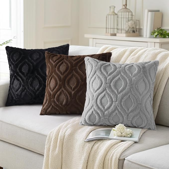 decorUhome Throw Pillow Covers 24x24 Inch Set of 2, Soft Plush Faux Wool Black Solid Couch Pillow Covers, Accent Euro Sham Farmhouse Neutral Square Pillow Cases for Sofa Bed Living Room