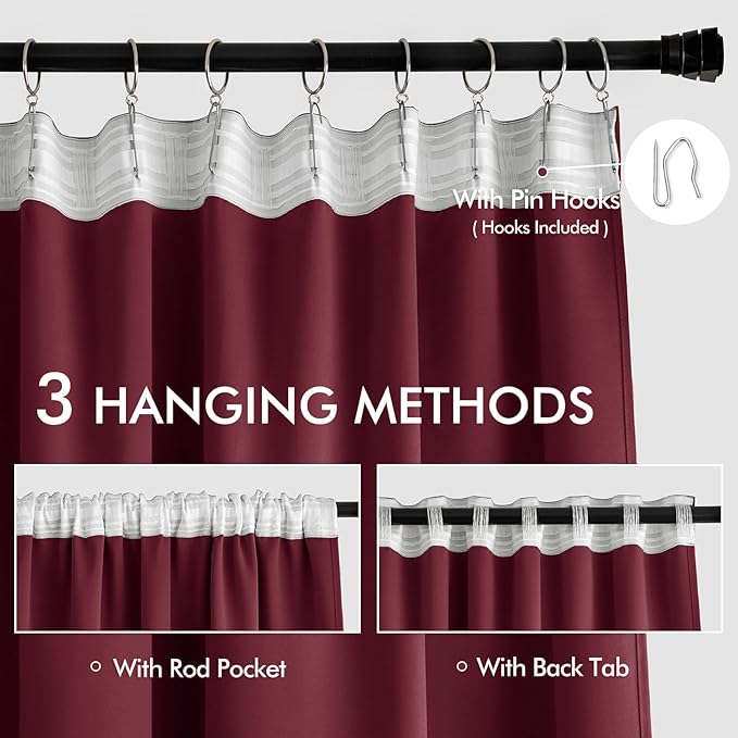 MIULEE Christmas Wine Red Back Tab Blackout Curtains 108 Inch Long 2 Panels Set for Bedroom, Rod Pocket/Pinch Pleat Extra Long Thermal Insulated Living Room Darkening Pleated Light Blocking Drapes