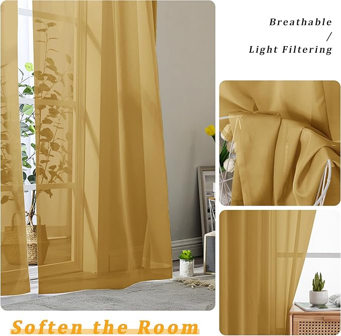 Gwine Gold Sheer Curtains for Bedroom 54 inches Long 2 Panels, Light Filtering Voile Rod Pocket Curtains, Airy Transparent Sheer Drapes for Living Room, Each 42" Wx54 L