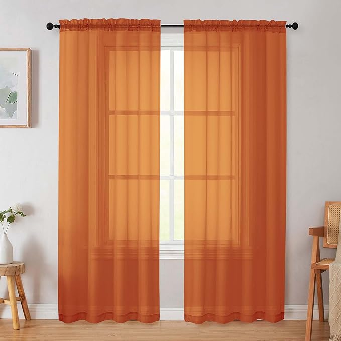 Orange Sheer Curtain for Bedroom Living Room 78 Inches Long 2 Panels Set, Solid Soft Airy Light Filtering Sheer Window Curtains, Modern Rod Pocket Door Curtain, Orange, 42" Wx78 L Inches
