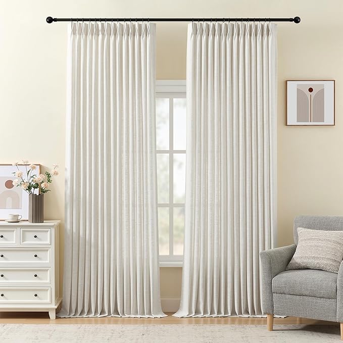 IVAPUPU 108 Inch Curtains Pinch Pleated Linen for Living Room, Light Filtering Pleat Semi Sheer Curtain Ceiling to Floor Window Treatments Drapes with Hooks Rings for Bedroom, 40W, Natural, 2 Panels
