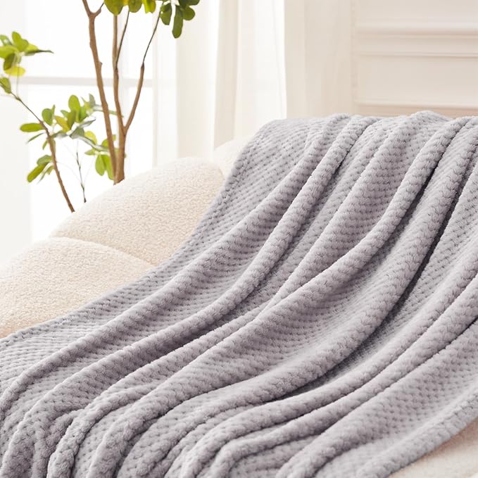 Exclusivo Mezcla Fleece Bed Blanket Queen Size, Super Soft and Warm Blankets for Couch, Sofa and Bed Waffle Textured, Cozy, Fuzzy and Lightweight (Light Grey, 90x90 Inches)
