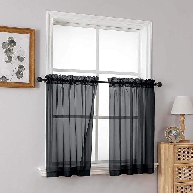 Black Small Sheer Curtains 2 Panels Set, Kitchen Curtains 36 Inch Length, Elegant Light Filtering Short Window Drapes for Living Room Bedroom, Dual Rod Pocket Design, 2x42Wx36L Inches