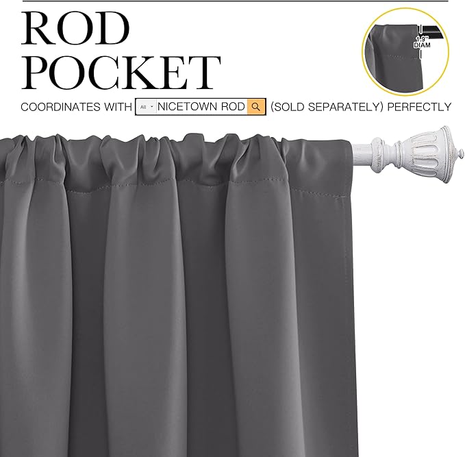 NICETOWN Short Curtains, Grey Window Curtains for Bedroom, Home Decoration Thermal Insulated Rod Pocket Blackout Blinds & Drapes for Small Windows (Gray, 2 Panels, W34 x L36 -Inch)