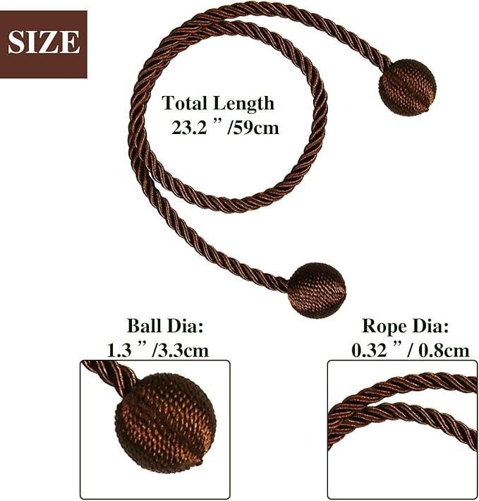 Curtain Tiebacks Outdoor Elegant Decorative Tie Backs Modern Rope Tiebacks for Drapes Window Curtain Holdbacks for Draperies (Coffee, 2)