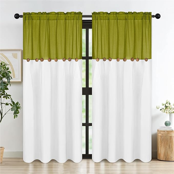 FRAMICS Farmhouse Cotton Linen Curtains for Living Room, Rustic Button Curtains 84 Inch Length 2 Panels, Boho Linen Window Curtain for Bedroom Rod Pocket Drapes, 52 x 84 Inch, Fresh Green and White