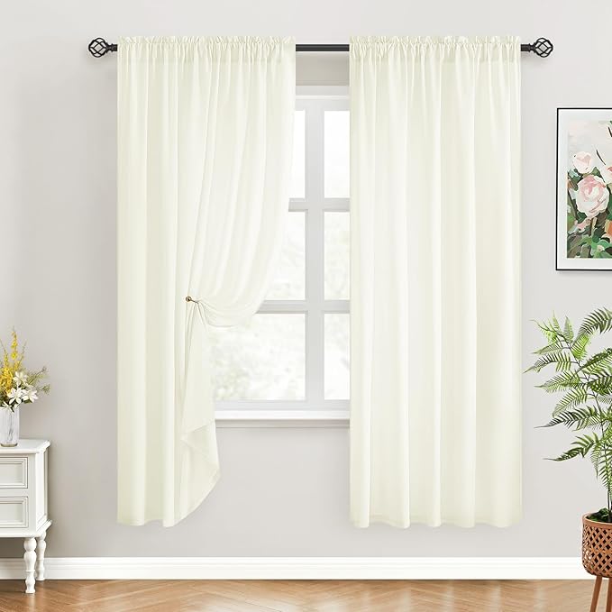 HOMEIDEAS Non-See-Through Ivory Privacy Sheer Curtains, 52 X 72 Inches Long 2 Panels Sheer Curtains Light Filtering Window Drapes for Bedroom Living Room