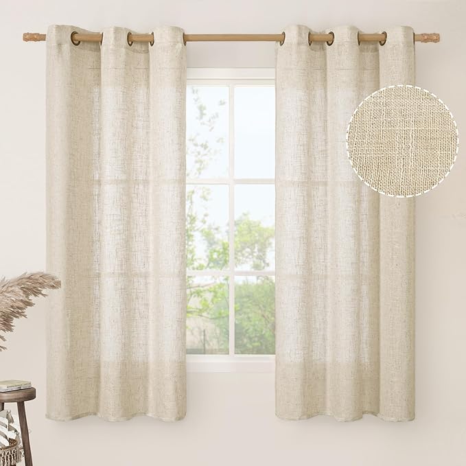 LAMIT 60 Inch Semi Sheer Linen Curtains for Kitchen 2 Panels, Linen Textured Light Filtering Window Drapes Bronze Grommet Neutral Boho Panels for Bedroom/Dining Room, Linen, 34 x 60 Inch