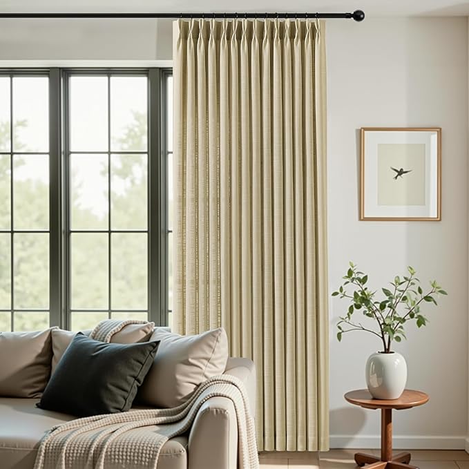 IVAPUPU 60 Inch Extra Width Pinch Pleat Curtains for Living Room, Linen Sheer Pleated Curtain Light Filtering Privacy Back Tab Drapes with Hooks Rings for Sliding Door, 1 Panel, W60xL102, Grey Beige