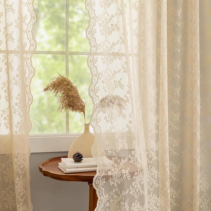 YJ YANJUN Vintage Lace Curtains 102 Inch Long-Victorian Floral Pattern Beige Sheer Curtain Panels for Living Room Home Office Light Filtering Ceiling to Floor for Large Window W52 X L102 Light Beige