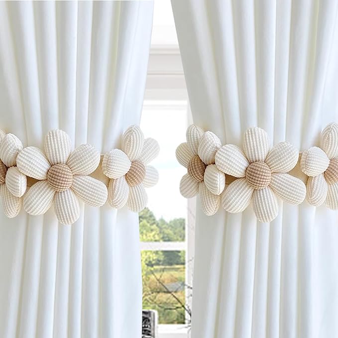 SRG Sunflower Curtain Tiebacks-2 Pack | Daisy Curtain Holdbacks Three Flower | Curtain Tiebacks Boho | Japanese Curtain Ties | Cute Flower Curtain Ties Decorative for Bedroom Window Treatment （Cream）